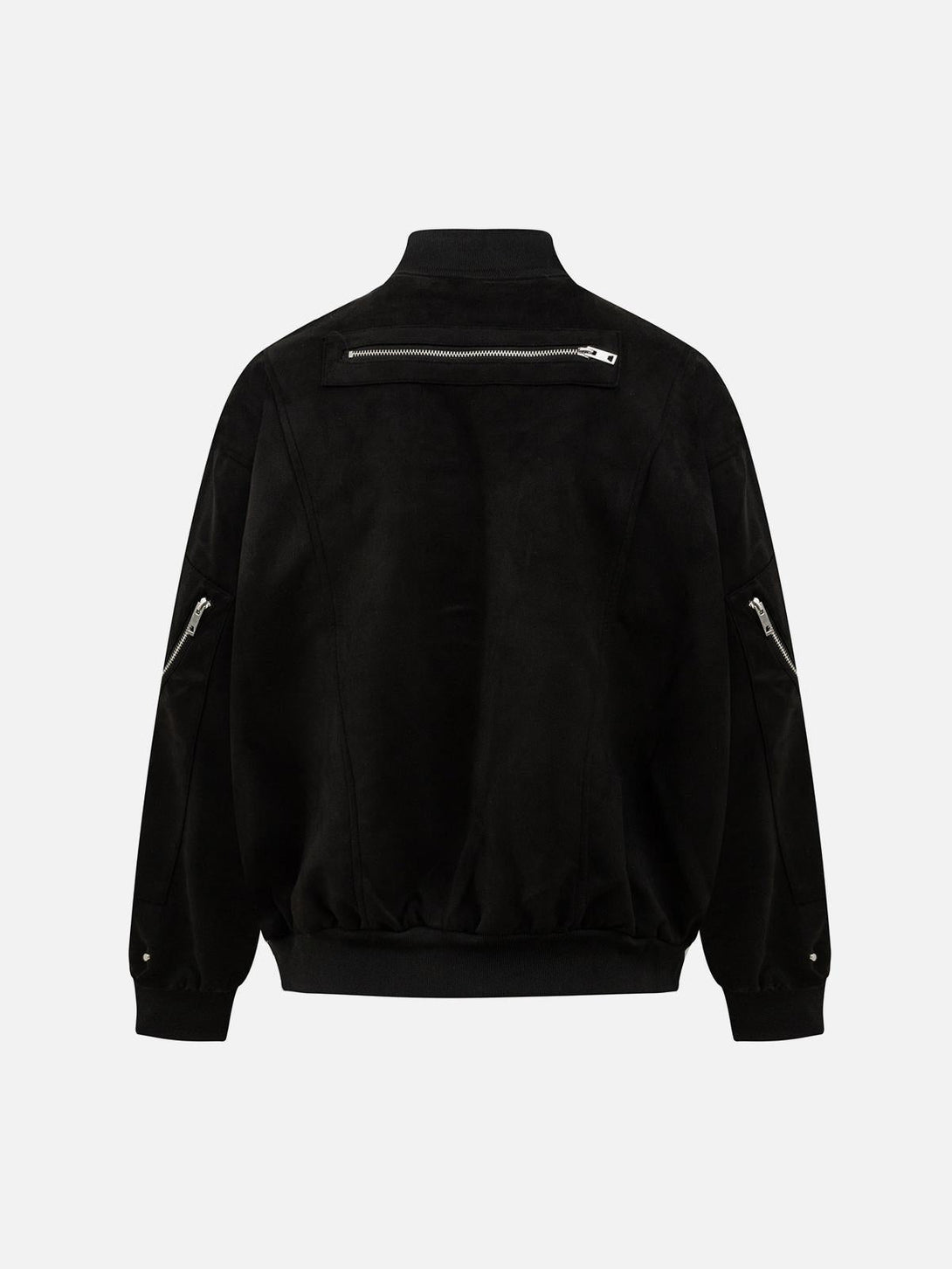 Back view of a black bomber jacket featuring multiple zippers, crafted by TALISHKO.