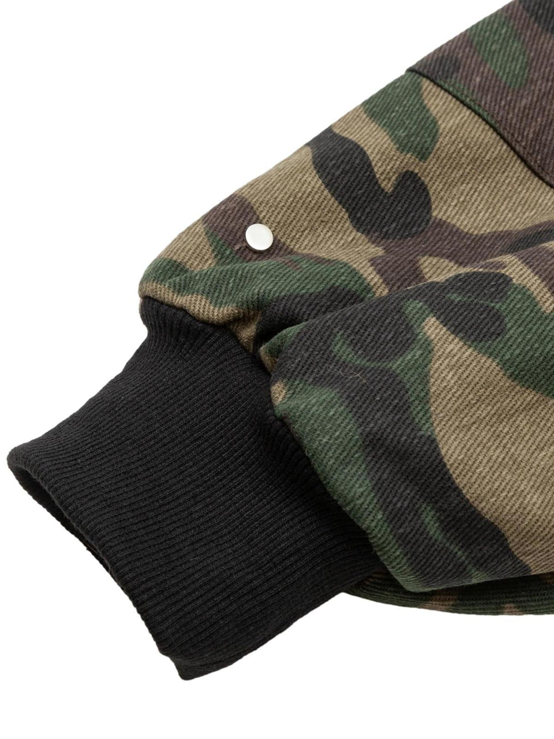 Focusing on the camouflage pattern and ribbed cuff detail of the bomber jacket by TALISHKO.