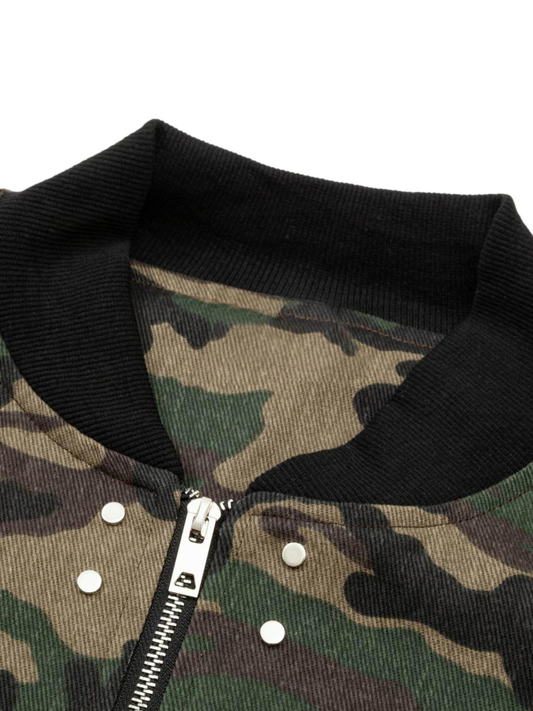 A detailed view of the camouflage bomber jacket's collar and zipper design by TALISHKO.