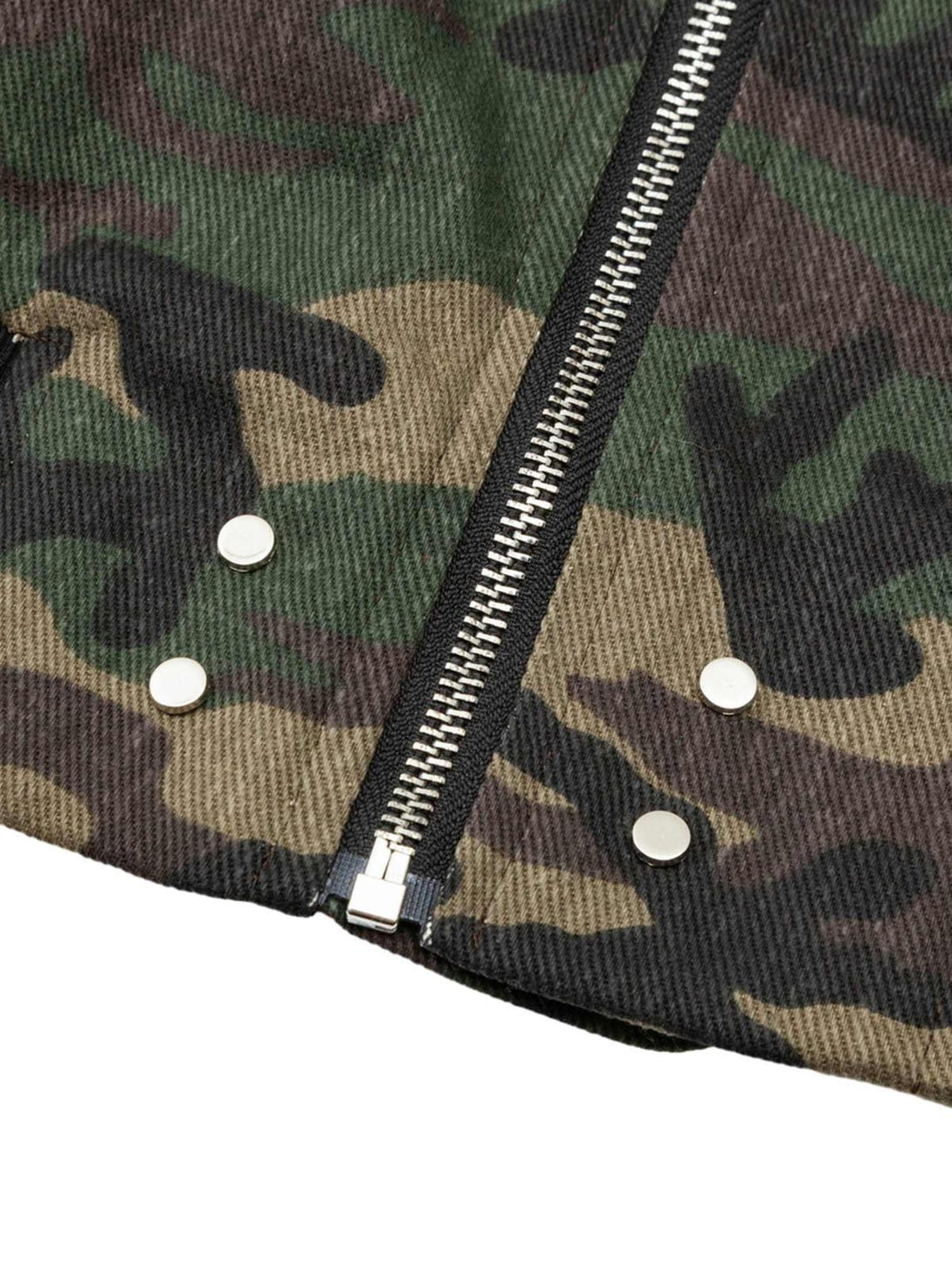 Intricate look at the camouflage bomber jacket's zipper and snap button details by TALISHKO.