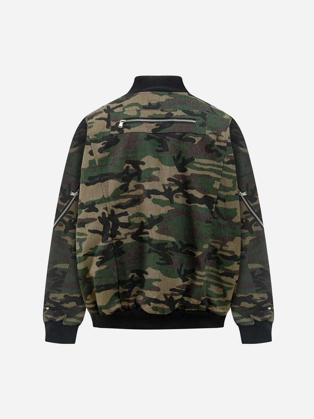 Back view of a camouflage bomber jacket with zipper details, designed by TALISHKO.