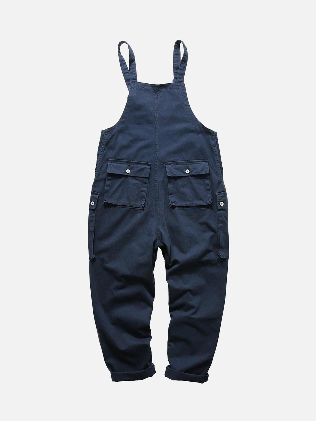 Navy cargo overall pants by TALISHKO, front view featuring utility pockets and rolled cuffs.
