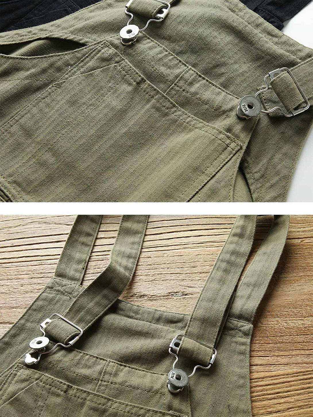Close-up of TALISHKO's olive cargo overall pants, featuring durable fabric and adjustable straps.