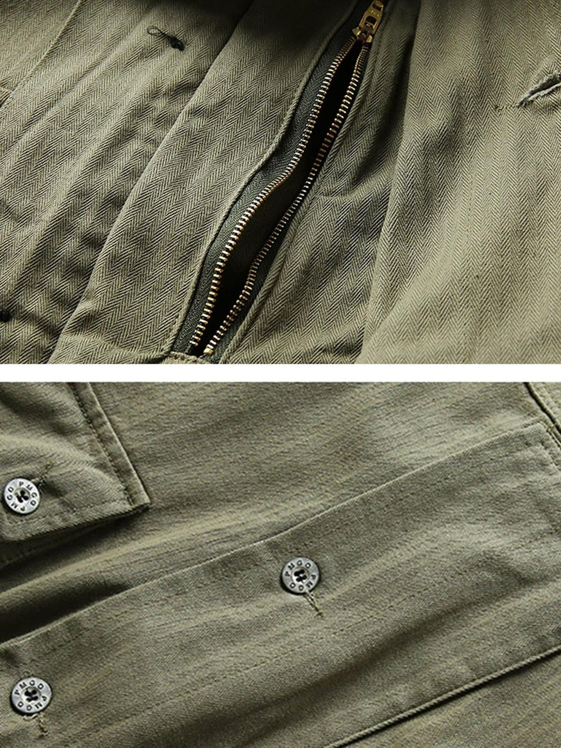 Detailed fabric and zipper view of TALISHKO's cargo overall pants, highlighting texture and buttons.