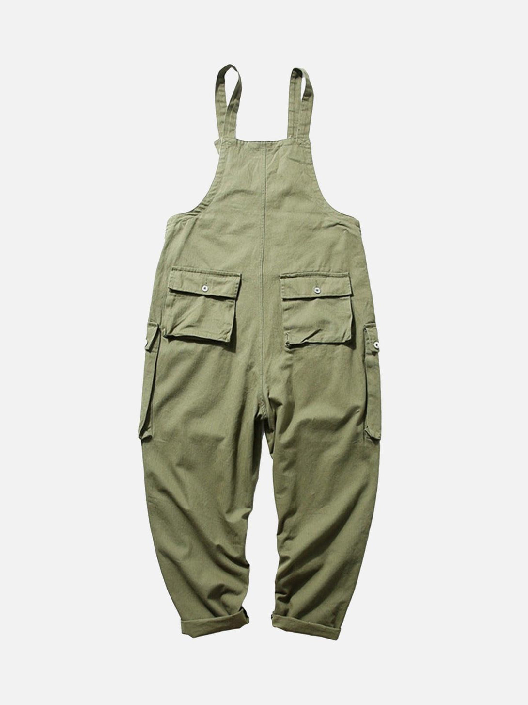 Olive cargo overall pants by TALISHKO, front view featuring utility pockets and rolled cuffs.