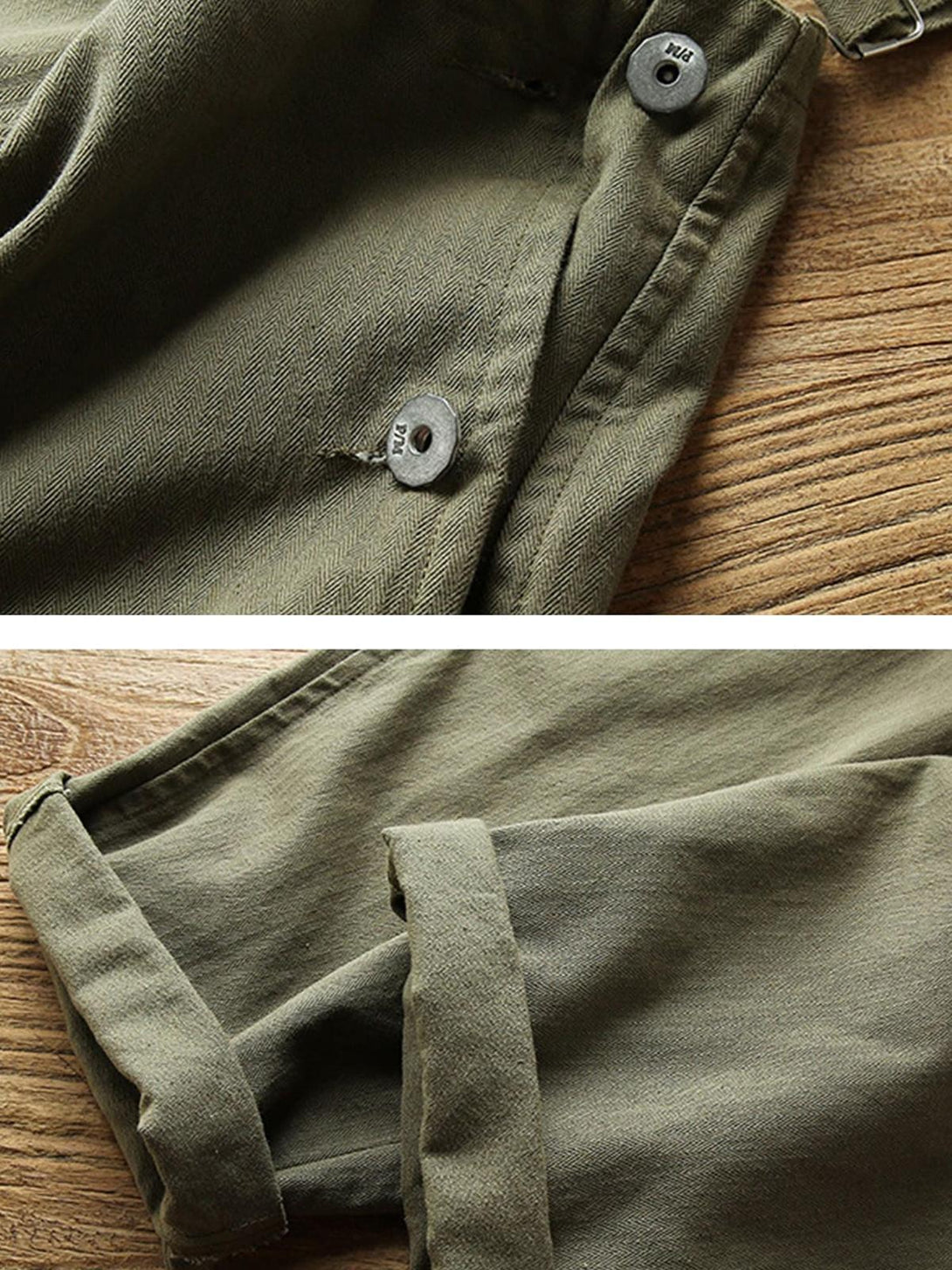 Intricate look at TALISHKO's olive cargo overall pants, highlighting buttons and fabric texture.