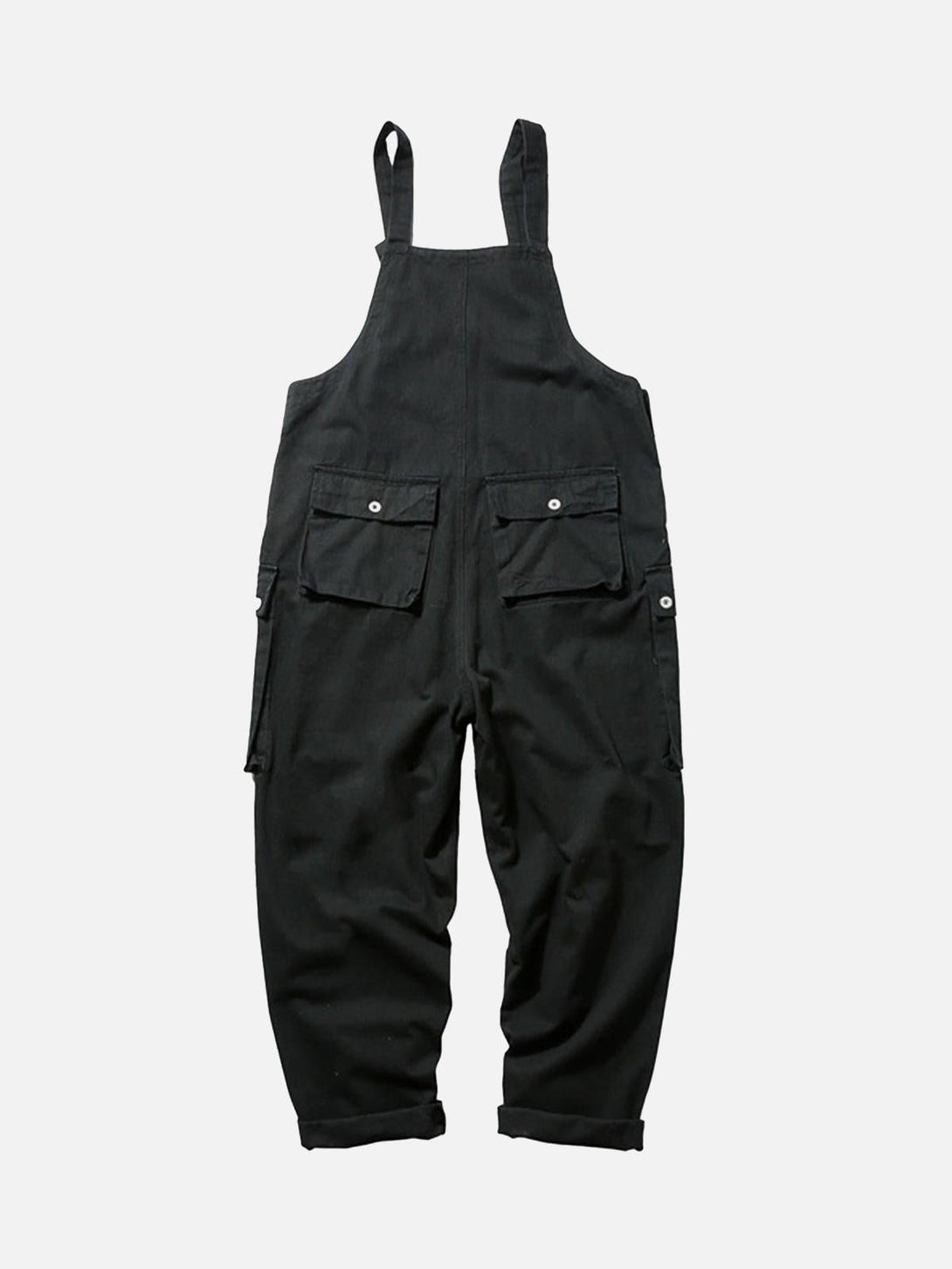 Black cargo overall pants by TALISHKO, front view highlighting utility pockets and rolled cuffs.
