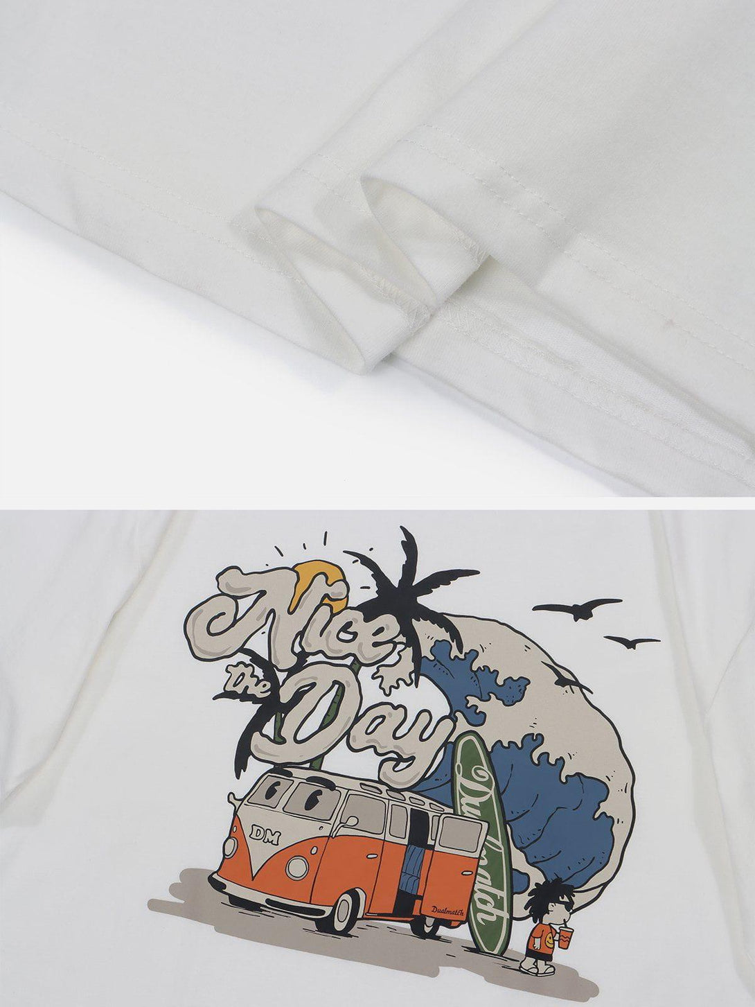 Detailed look at TALISHKO cartoon car print tee, highlighting playful design elements and stitching.