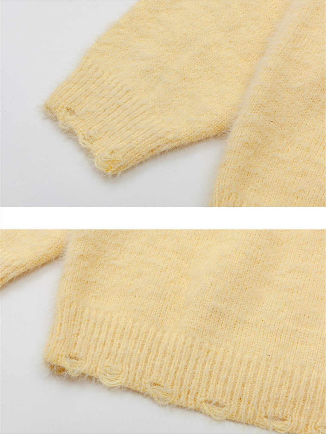Detailed view of the yellow sweater's texture by TALISHKO, highlighting its cozy knit.