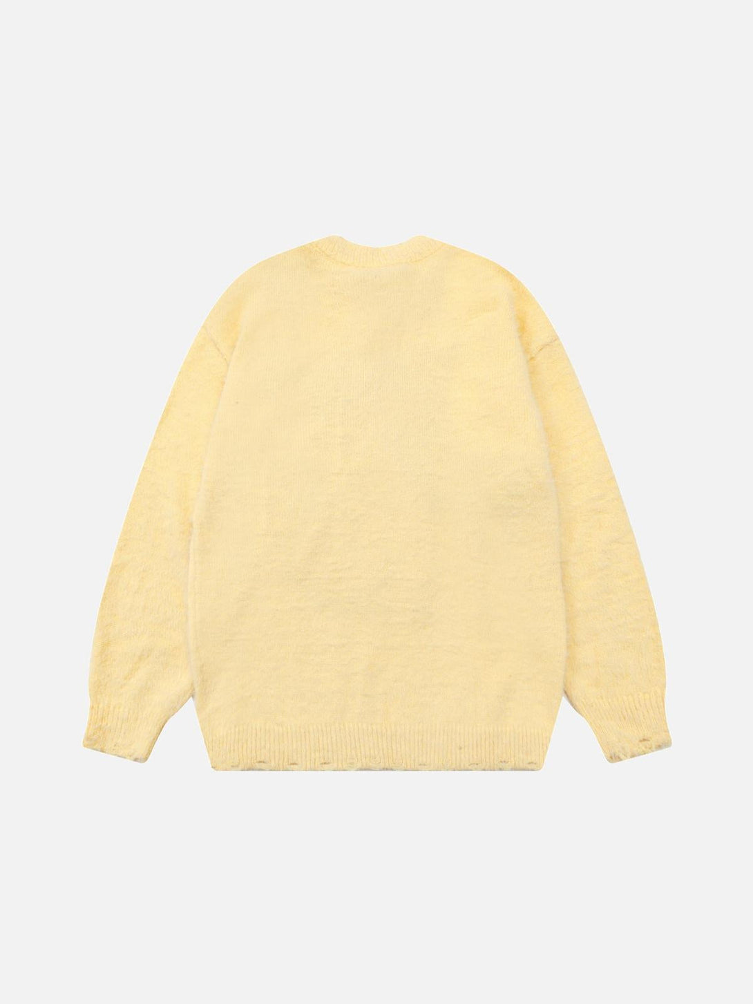 Back view of a yellow jacquard sweater by TALISHKO, showcasing a cozy and stylish design.