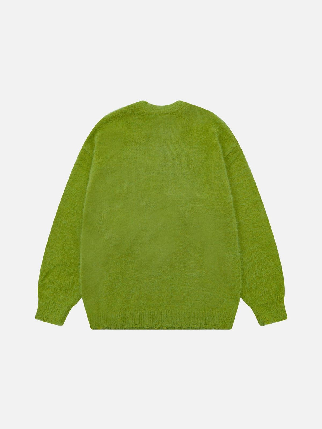 Back view of a green jacquard sweater by TALISHKO, highlighting its cozy, stylish fit.