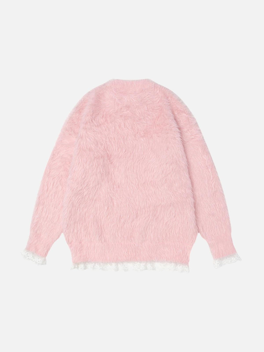 Back view of a pink fuzzy sweater by TALISHKO, highlighting its soft texture and cozy feel.