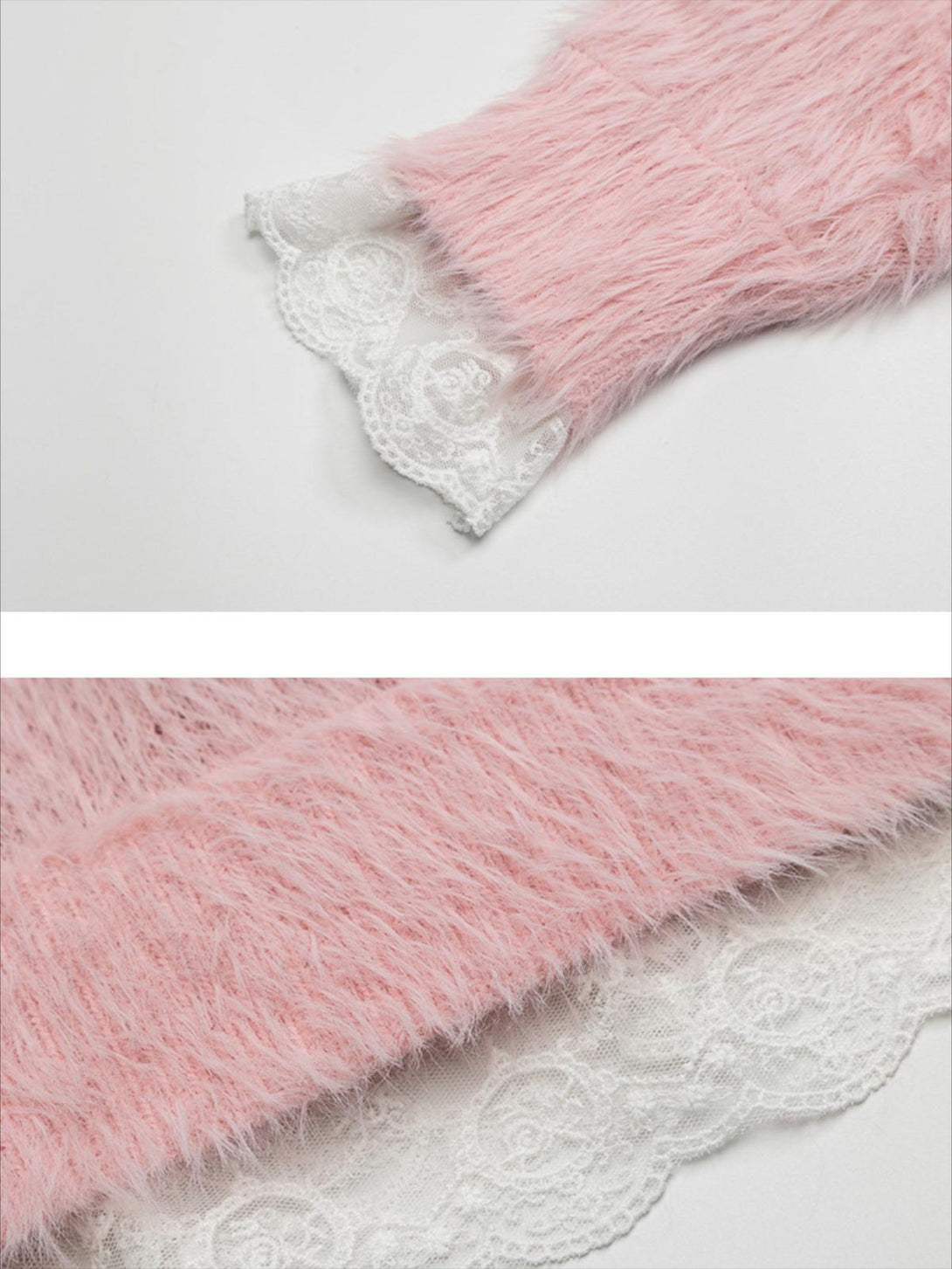 Pink fuzzy sweater by TALISHKO, detail highlighting soft texture and delicate lace trim.