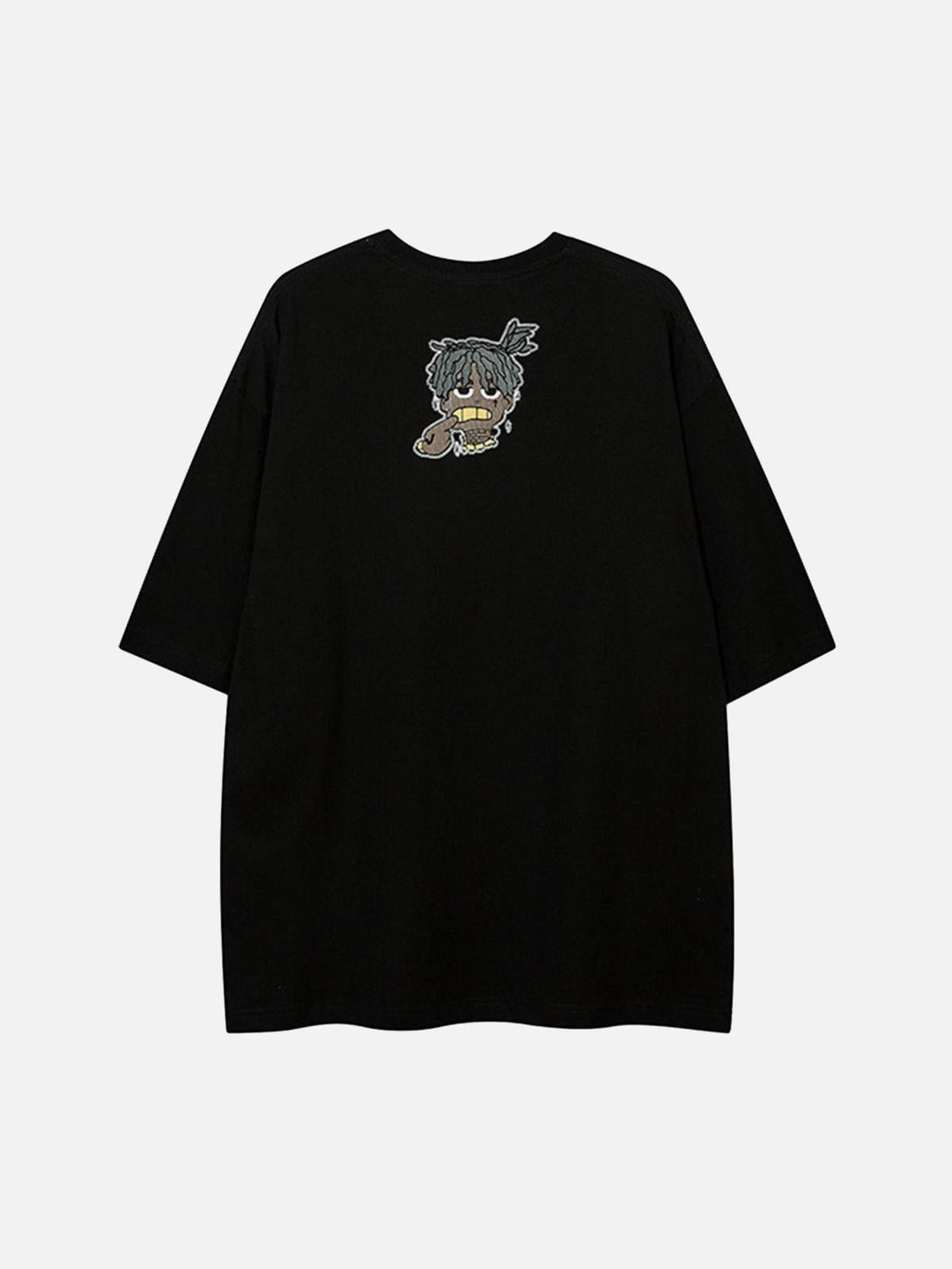Back view of a black loose T-shirt with a cartoon graphic by TALISHKO, perfect for casual wear.