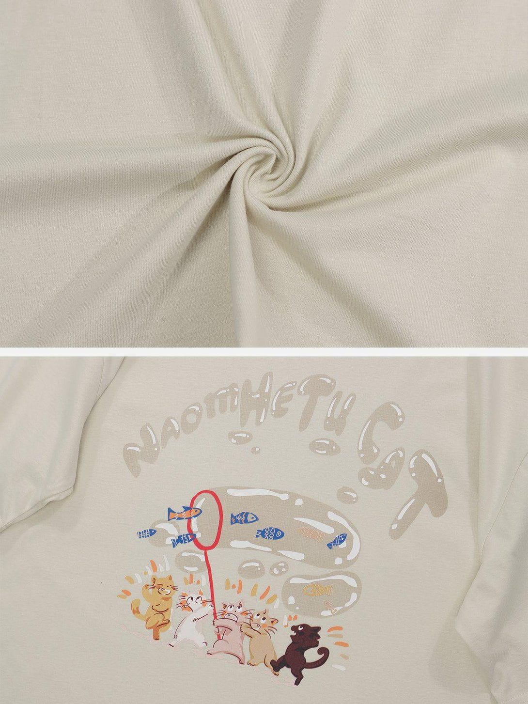 Zoomed-in detail of TALISHKO graphic tee featuring playful cartoon kittens and fish design.