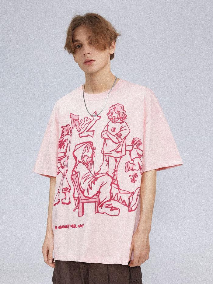 Model wearing a pink cartoon line character print tee by TALISHKO, showcasing a relaxed fit.