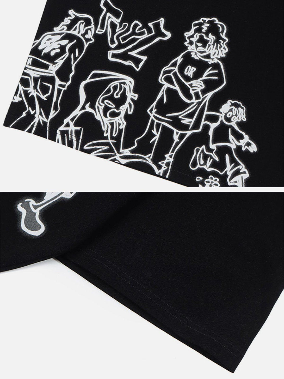 Close-up of the unique cartoon line graphics on a black tee by TALISHKO, highlighting intricate design.