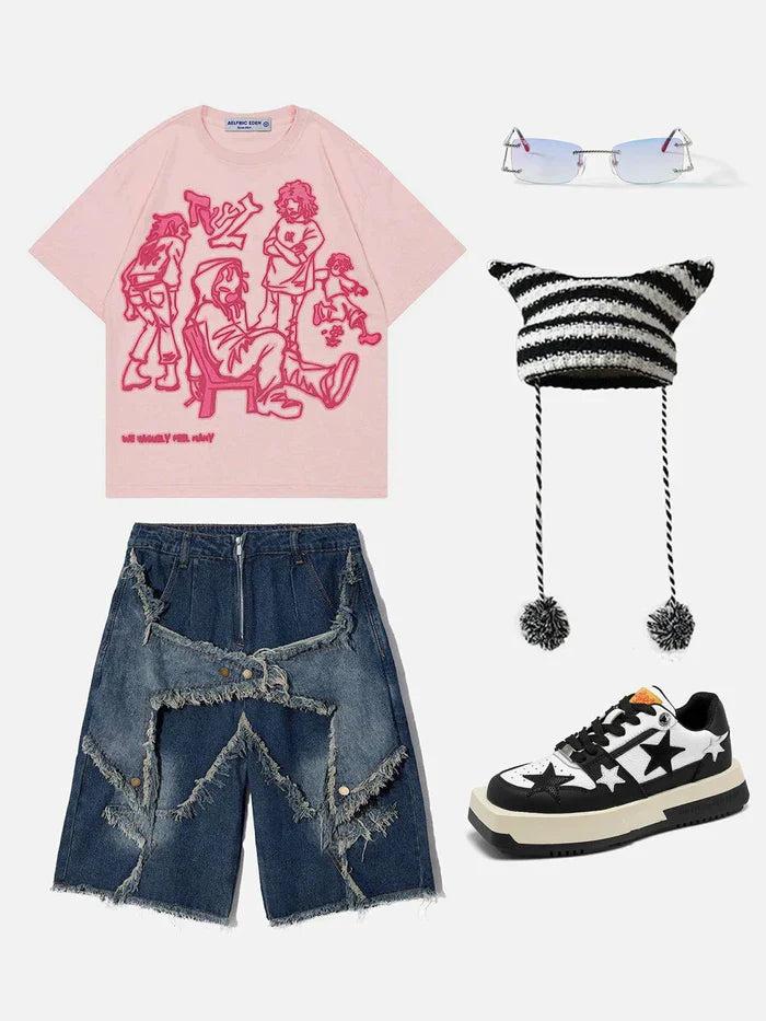 TALISHKO pink cartoon character print tee styled with denim shorts and accessories for a playful summer look.