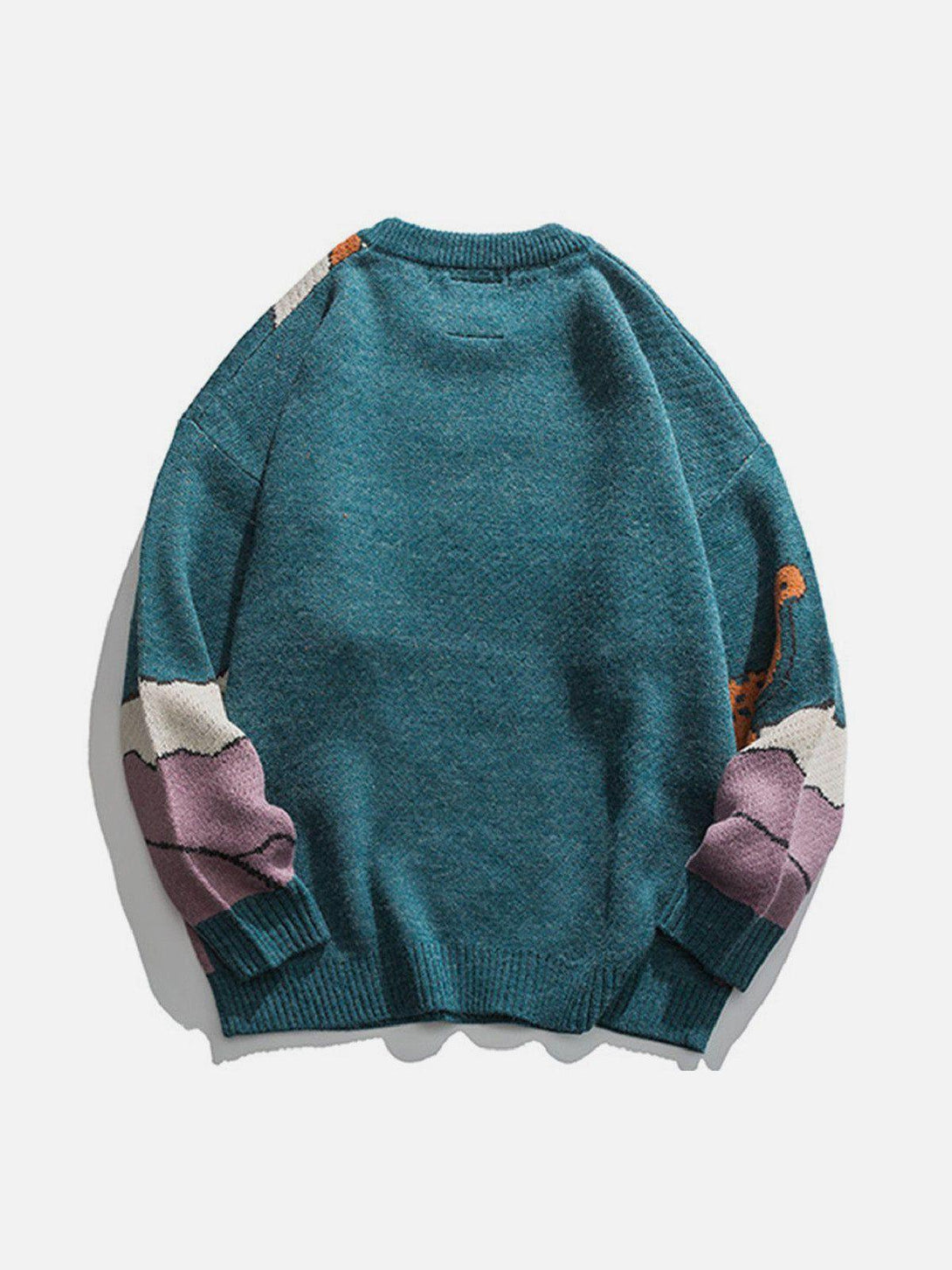 Back view of a TALISHKO cartoon dinosaur knit sweater, featuring colorful sleeve patterns.