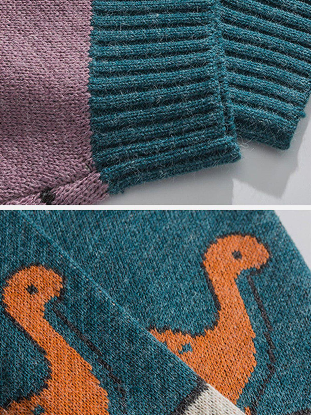 Intricate look at the dinosaur pattern on a knit sweater by TALISHKO, featuring vibrant colors.