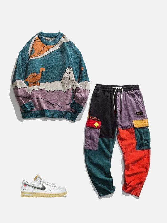 A playful dinosaur knit sweater and colorful patchwork pants by TALISHKO, paired with stylish sneakers.