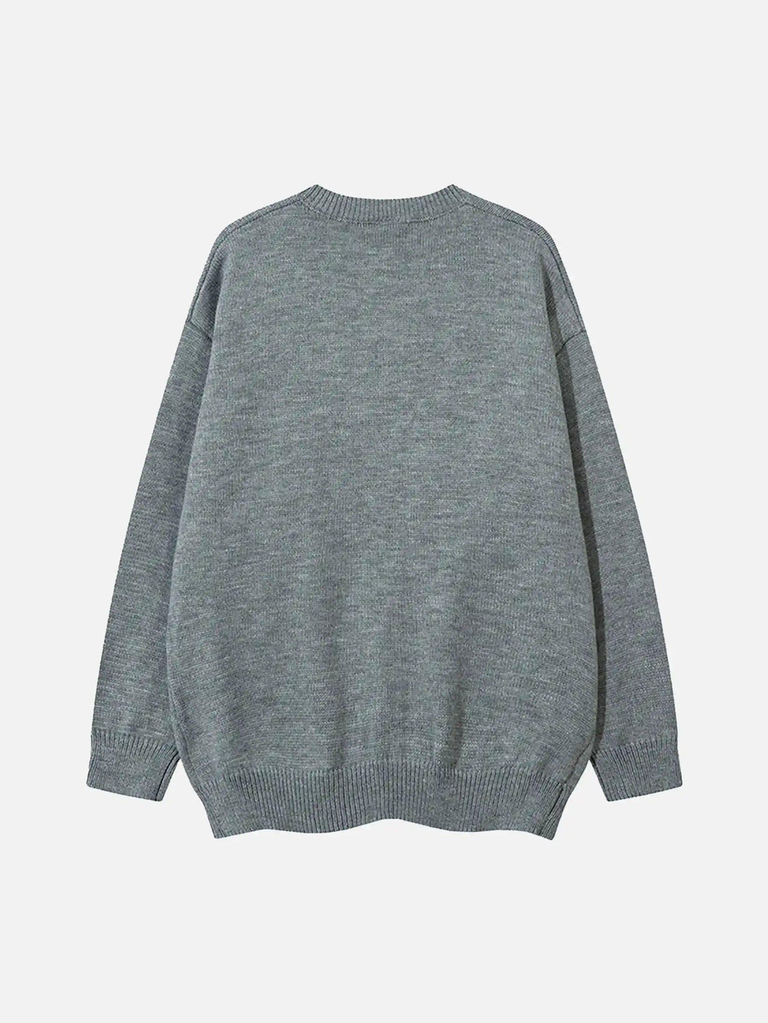 Back view of a gray knitted cardigan by TALISHKO, highlighting its comfortable fit.