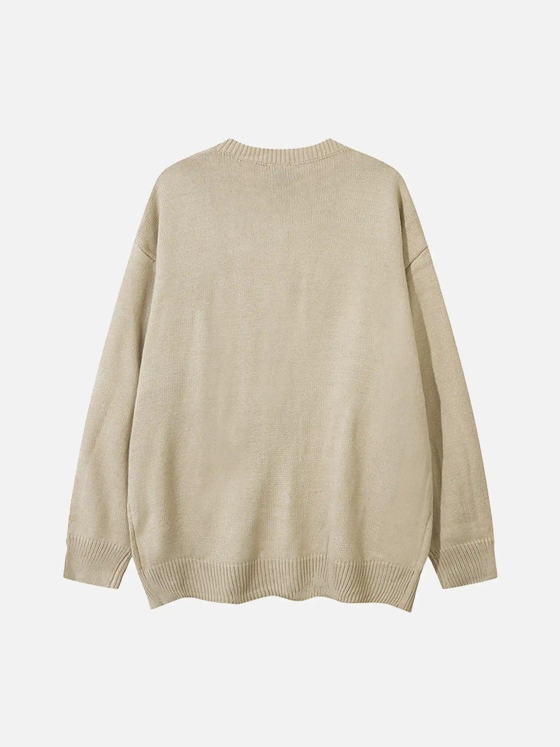 Back view of a cozy khaki knitted cardigan by TALISHKO, showcasing a relaxed fit.