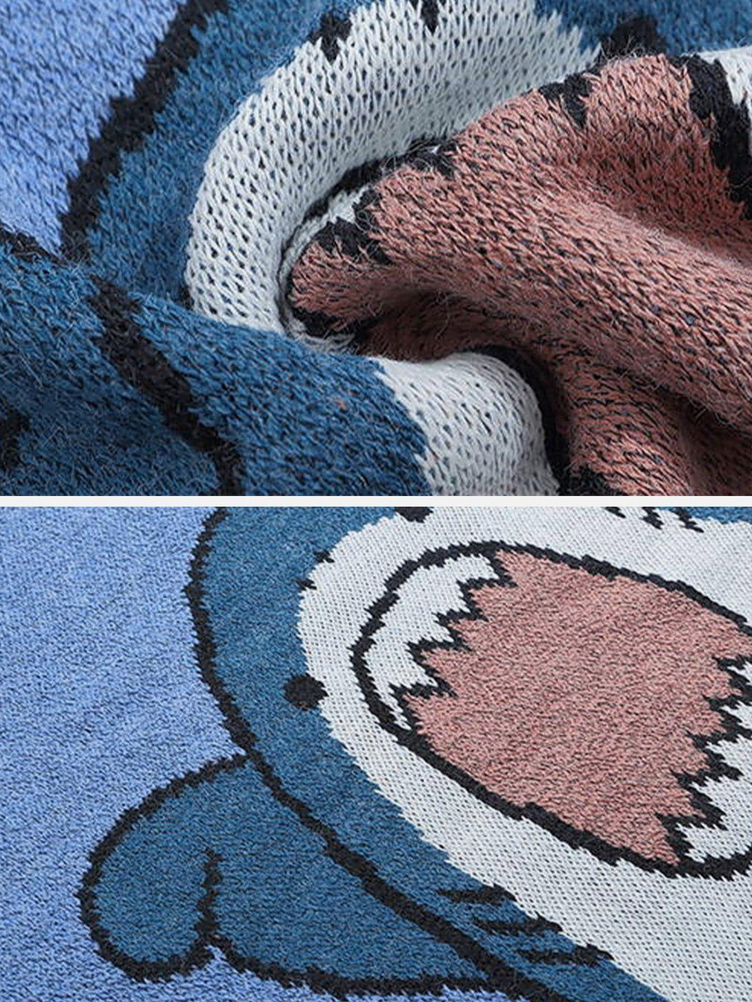 Zoomed-in texture of TALISHKO's knitted sweater, featuring a playful cartoon shark design.