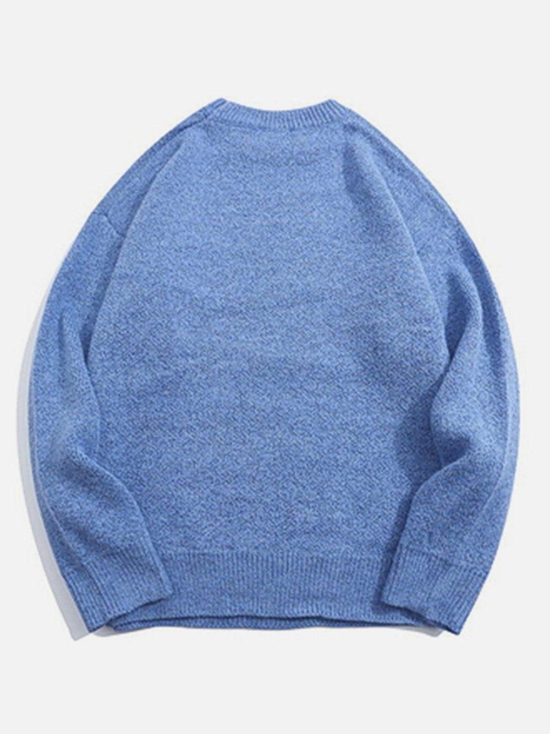 A cozy blue sweater by TALISHKO, back view, showcasing a soft knit texture.