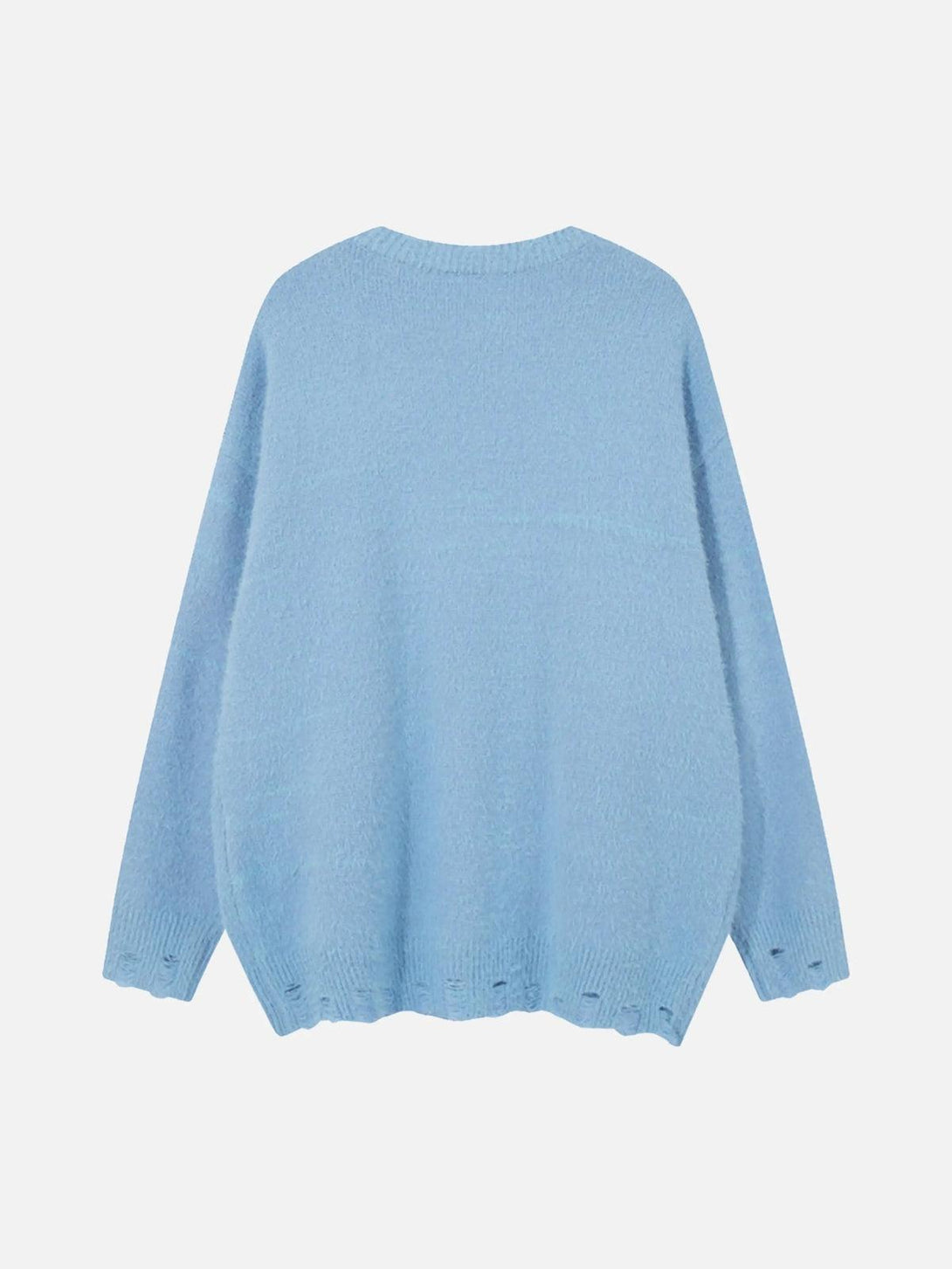 Back view of TALISHKO's blue sweater, highlighting its cozy texture and relaxed fit.