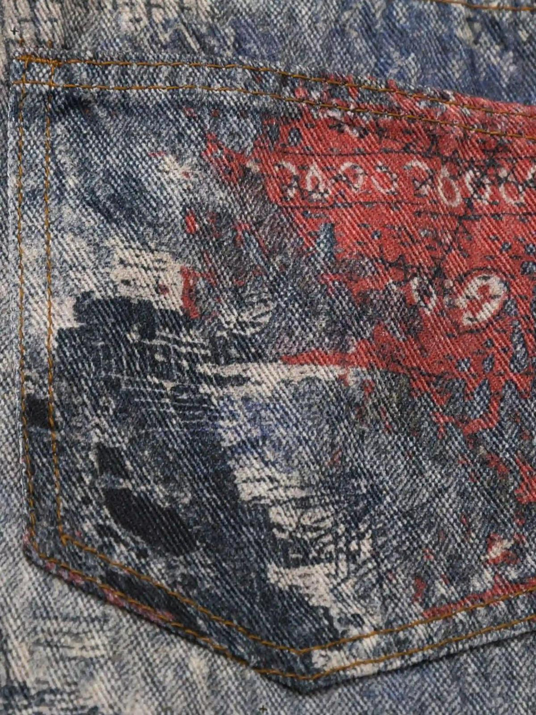 Intricate look at TALISHKO's imitation jeans, showcasing detailed digital print and texture.