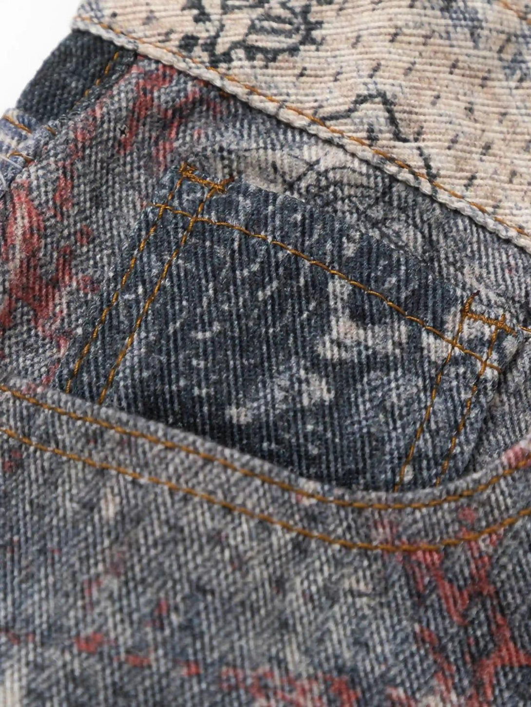 Detailed fabric and stitching on TALISHKO's digitally printed imitation jeans.