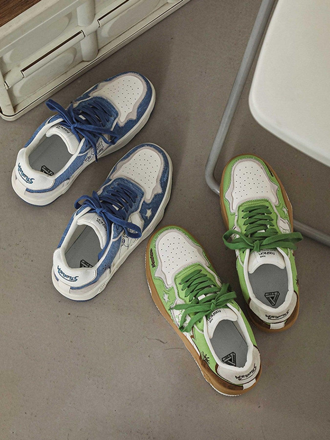 TALISHKO board shoes in blue and green, showcasing star accents and thick soles, top view.