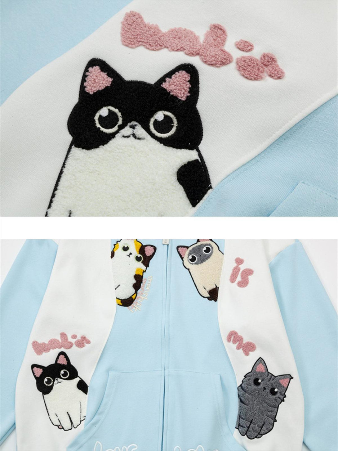 Charming design of a cat-themed hoodie by TALISHKO, highlighting playful embroidered details.