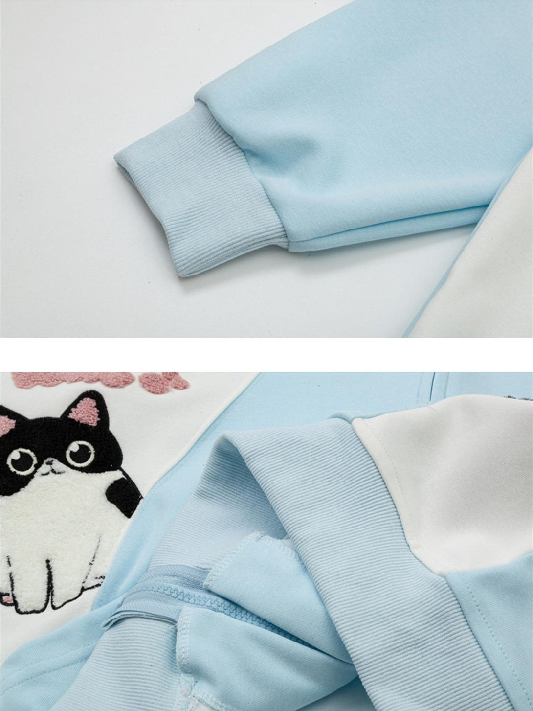 Close-up of TALISHKO hoodie sleeve detailing, showcasing playful cat design and contrast colors.