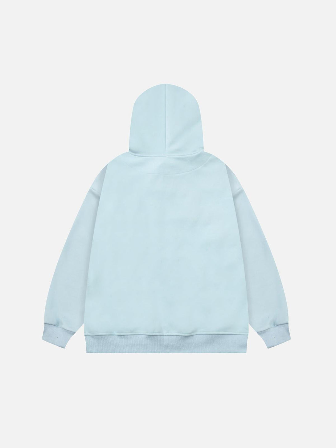 Back view of a light blue cat-themed hoodie by TALISHKO, showcasing playful contrast design.