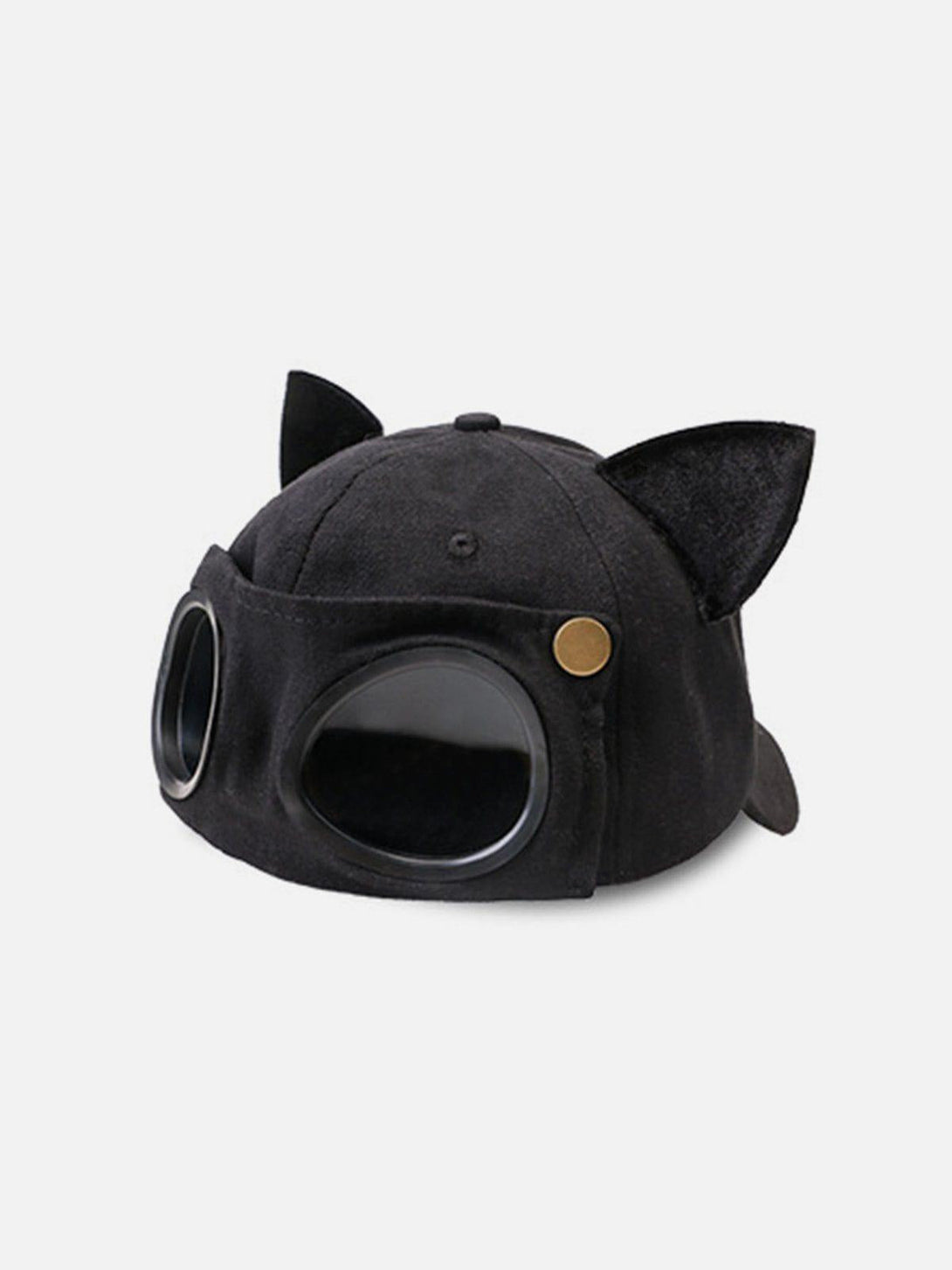 Black cat ears aviator baseball hat by TALISHKO, featuring playful goggle details.