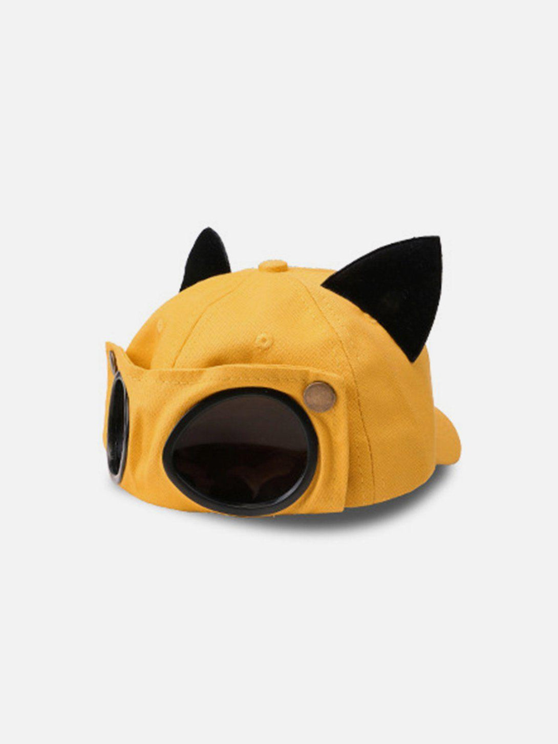 Yellow cat ears baseball hat with aviator goggles, side view, crafted by TALISHKO.