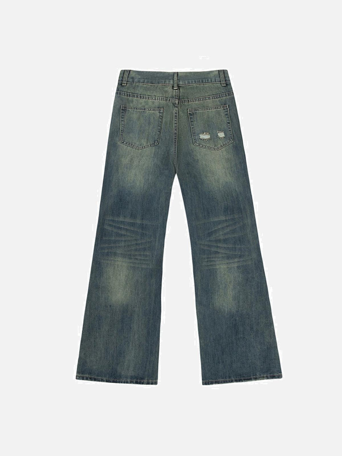 Back view of TALISHKO cat graffiti print jeans, featuring unique distressed details.