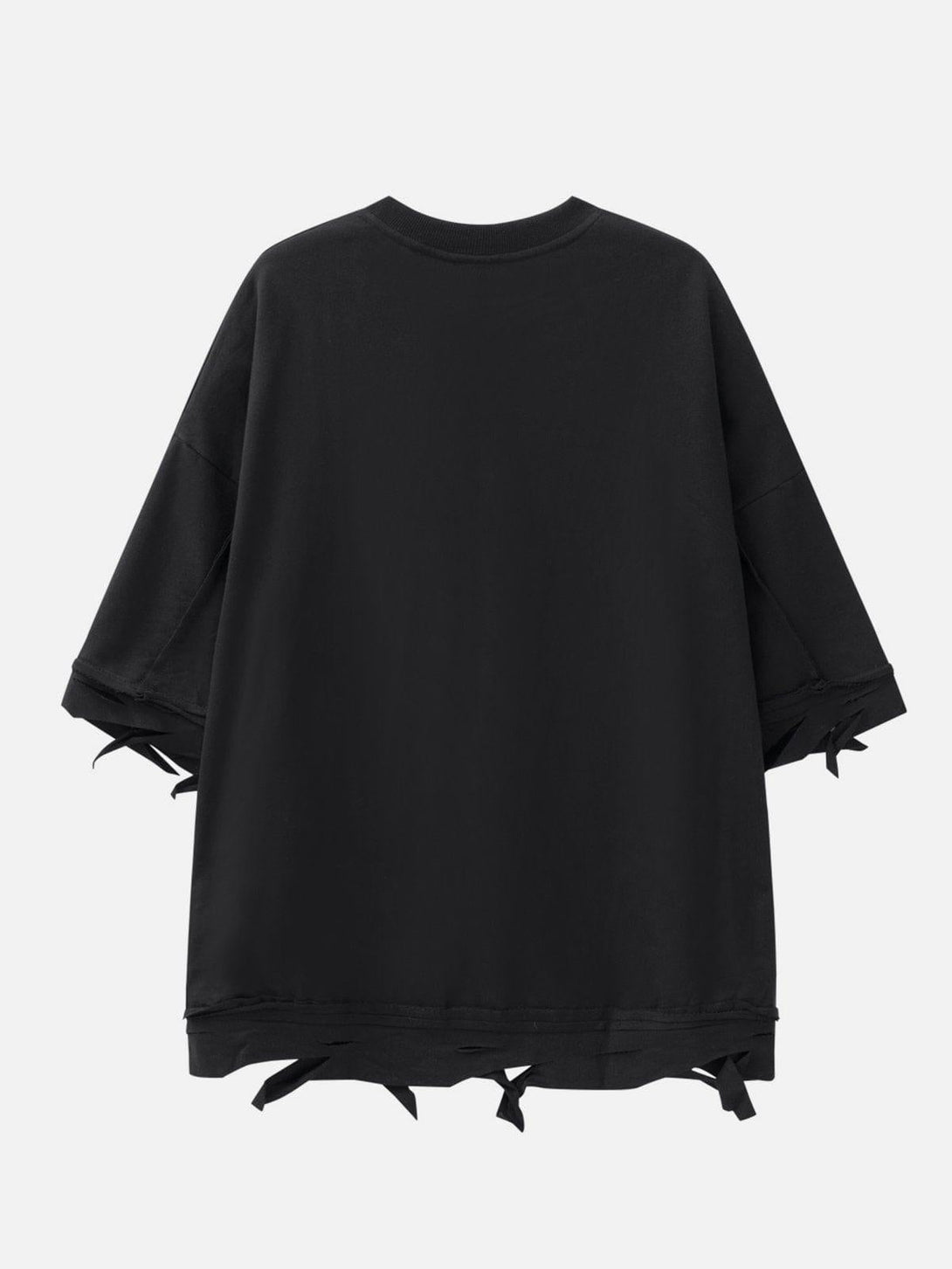 Back view of TALISHKO's black distressed tee, featuring edgy cut-out details for a unique look.