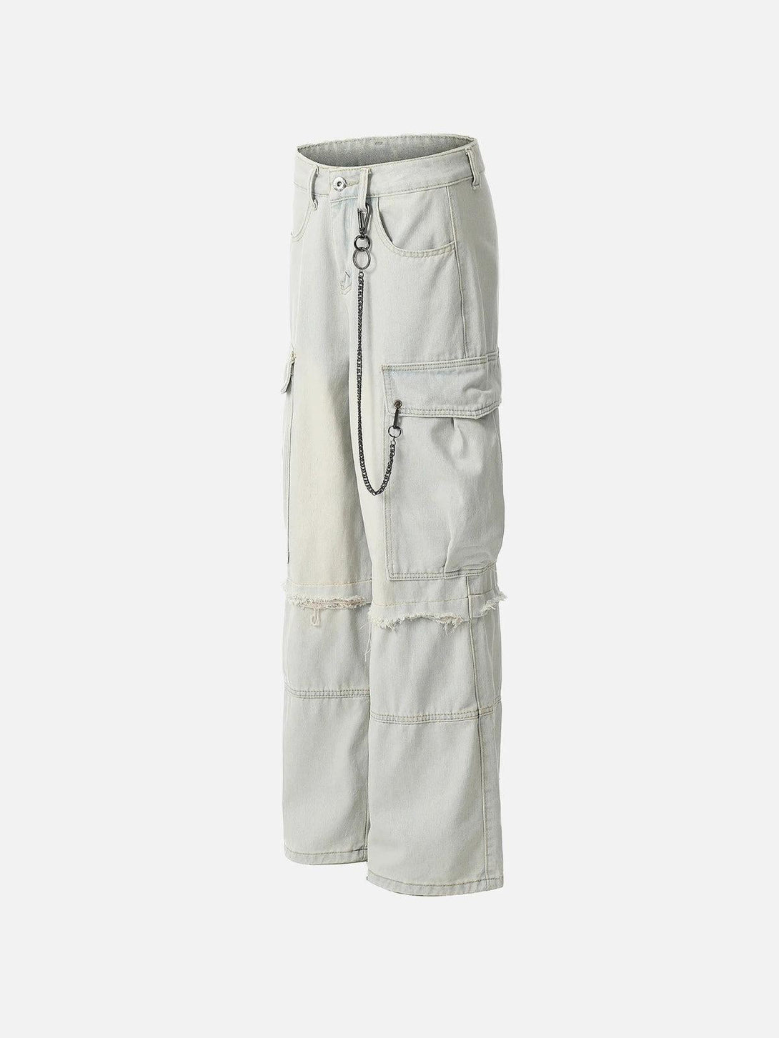 Side view of TALISHKO cargo jeans with chain accent and large pockets in light wash.