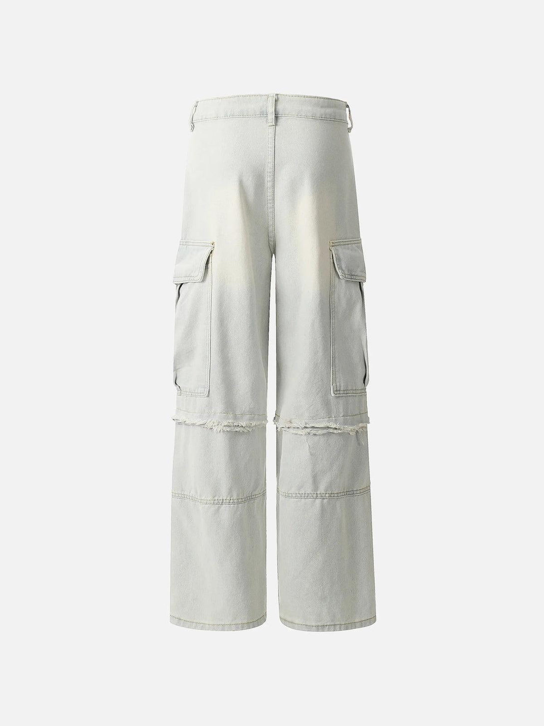 Back view of TALISHKO cargo jeans showcasing large pockets and frayed detailing in light wash.
