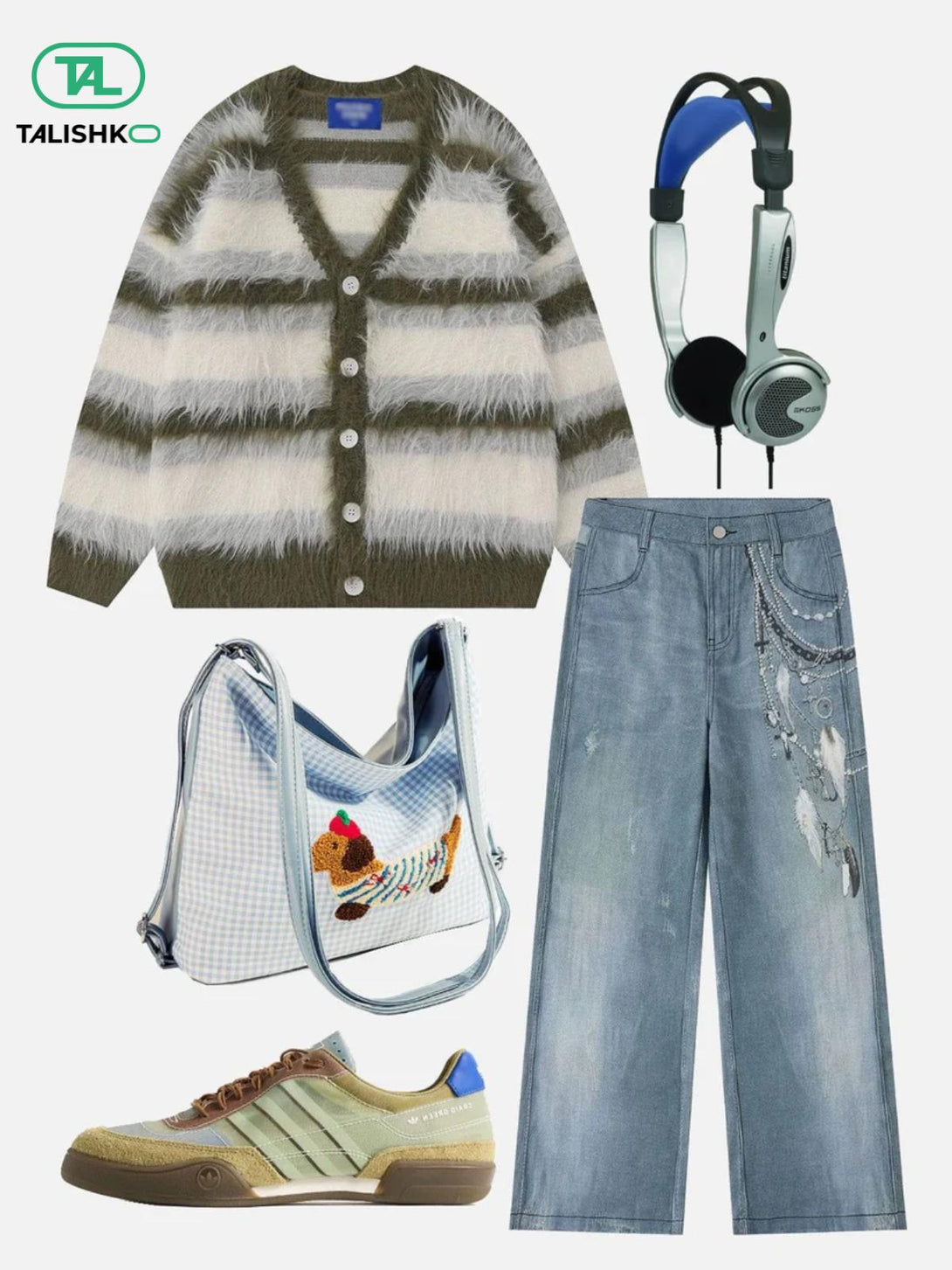 TALISHKO cardigan, jeans, sneakers, and accessories create a chic, casual ensemble for daily wear.