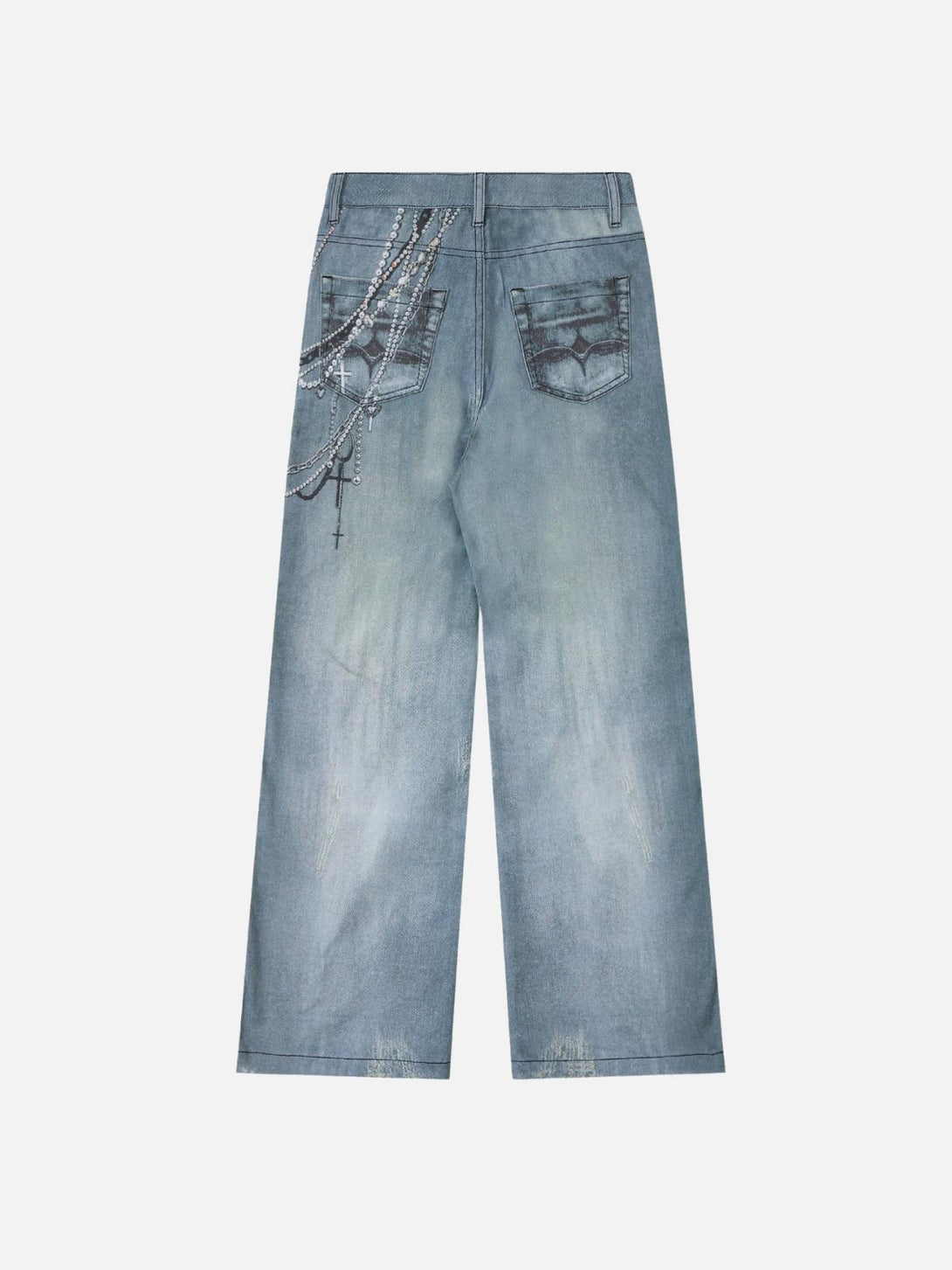 Back view of TALISHKO jeans featuring a stylish chain print detail, perfect for urban fashion.