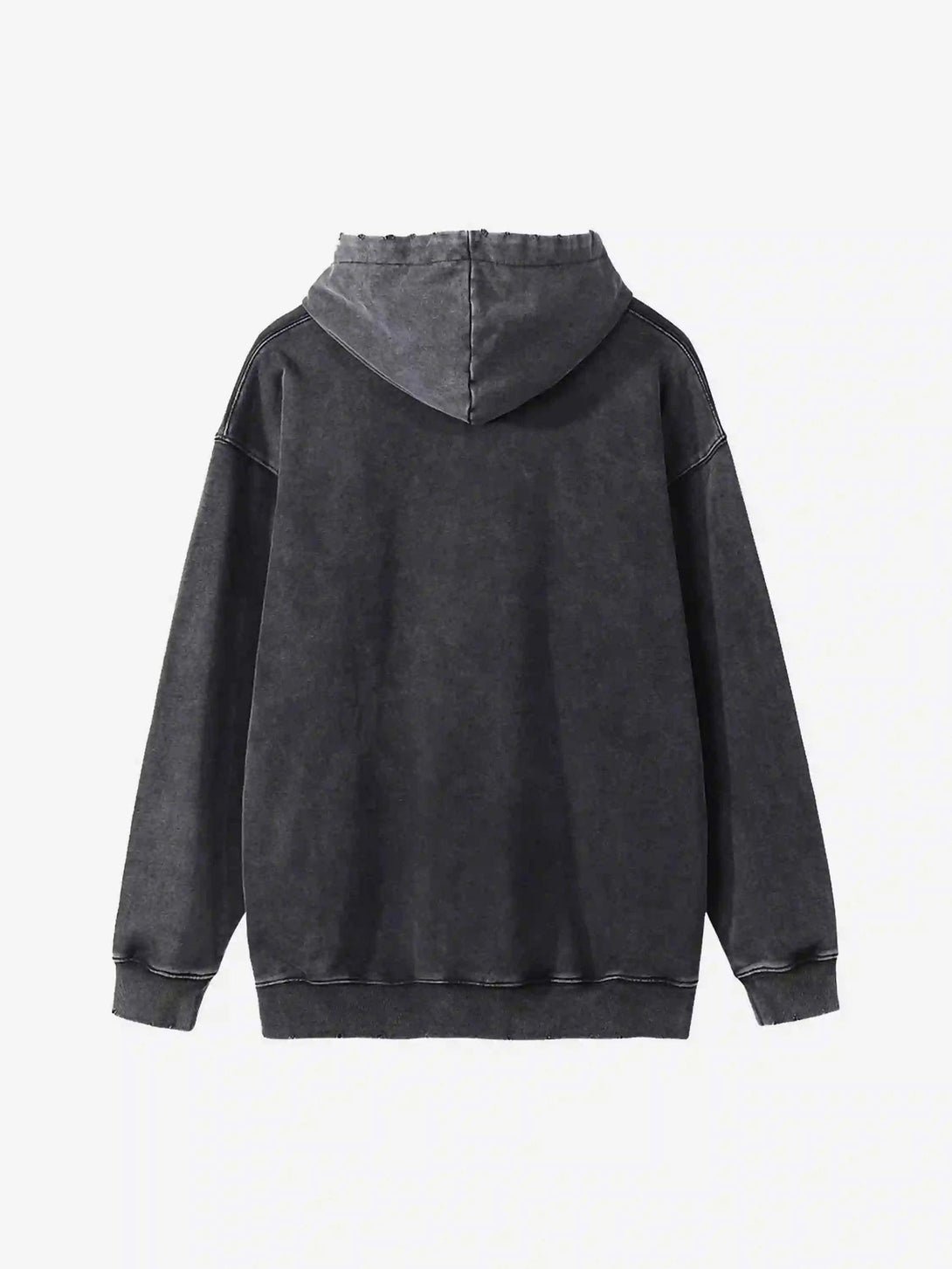 Back view of a worn black hoodie by TALISHKO, showcasing a relaxed, loose fit.