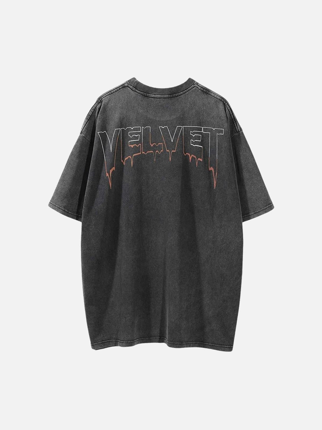 Back view of TALISHKO's washed and aged t-shirt with bold "VELVET" print, perfect for edgy style.