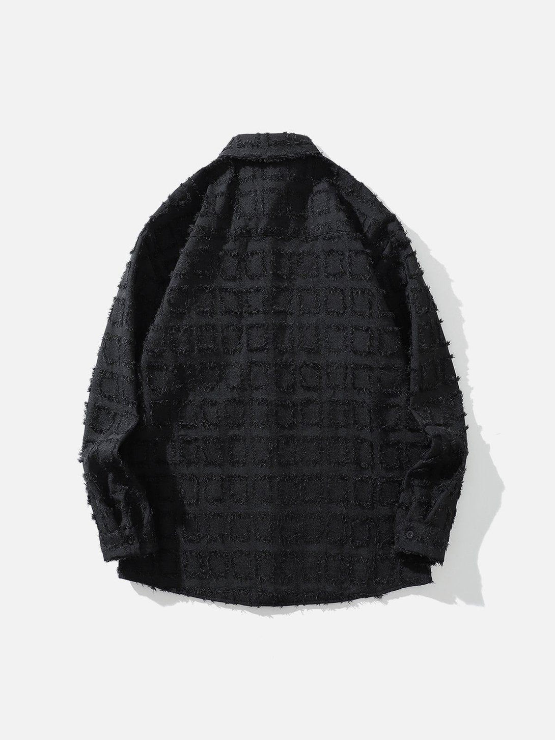 Back view of a black check long-sleeved shirt by TALISHKO, featuring a textured pattern.