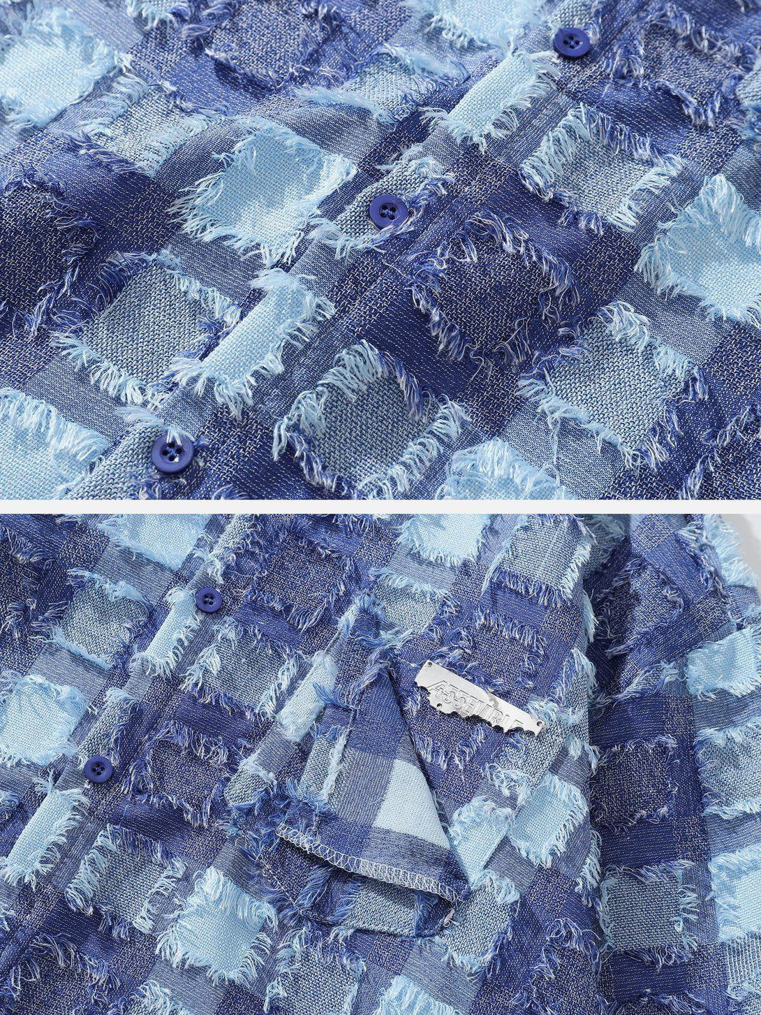 Texture and pattern showcased on TALISHKO's blue check long-sleeved shirt, highlighting intricate details.