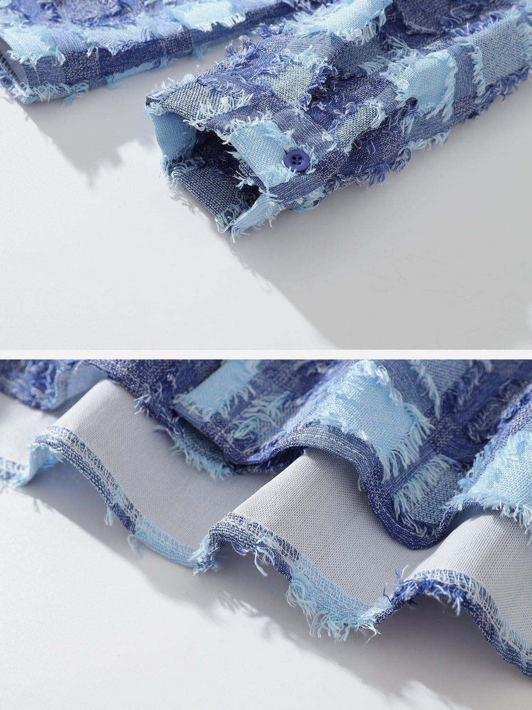 Focusing on the frayed blue check texture and details of TALISHKO's long-sleeved shirt.