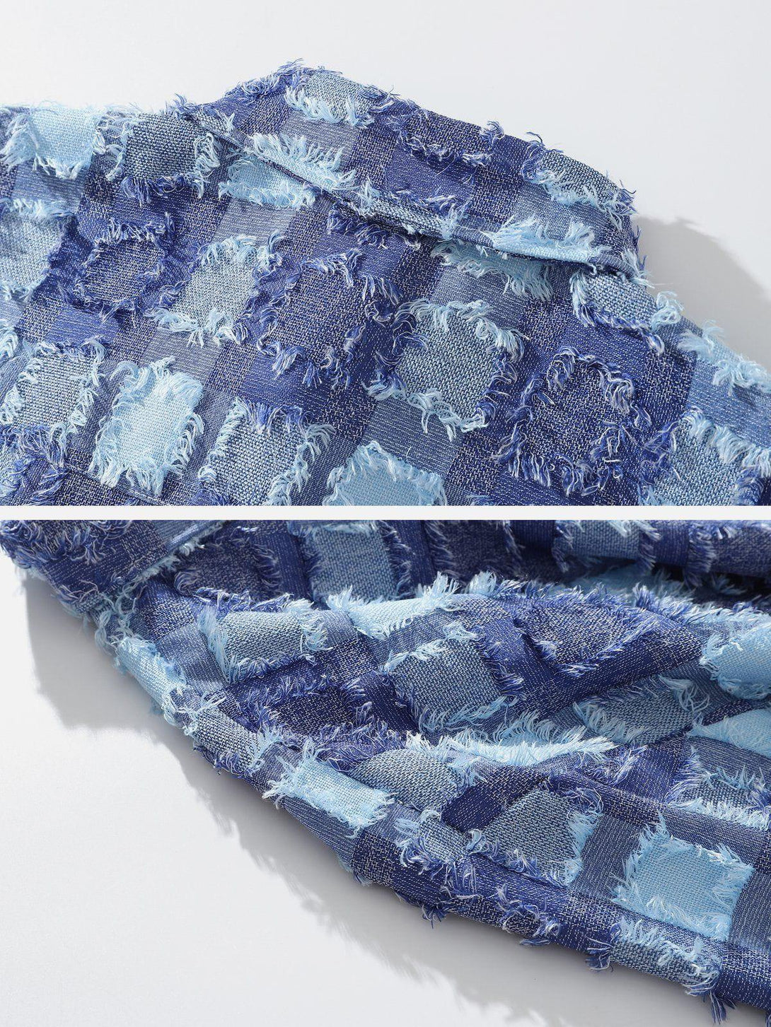Intricate look at the blue checkered texture on TALISHKO's long-sleeved shirt.